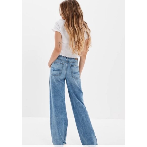 AMERICAN EAGLE SUPER HIGH RISE BAGGY WIDE LEG FLARE JEANS SZ 10 - Picture 1 of 7